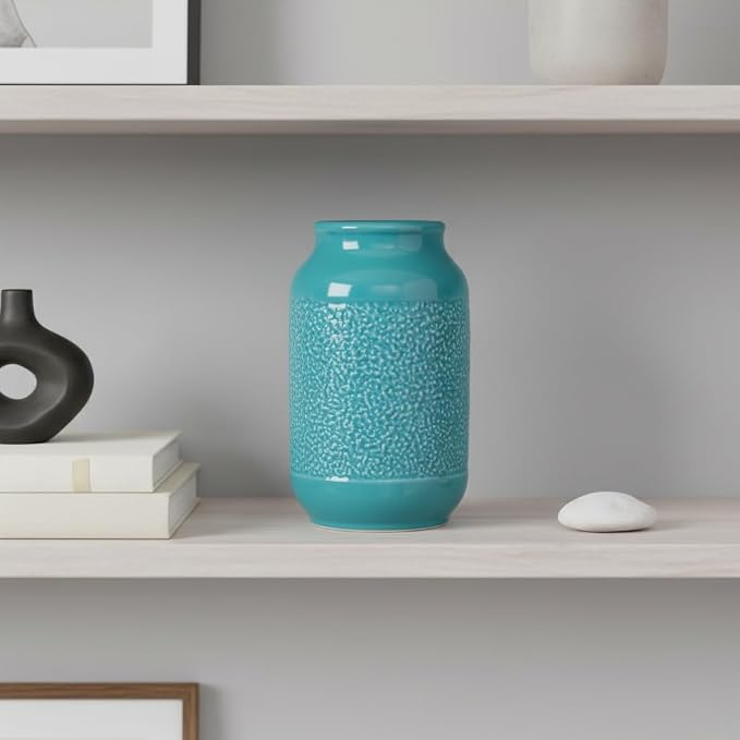 9 Inch Blue Ceramic Vase for Flowers - Textured Teal Cylinder Vase for Table Centerpieces, Modern Boho Vases Home Decor, Living Room, Kitchen Decor