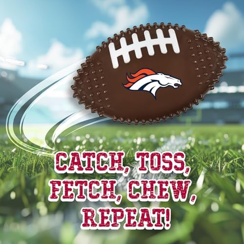 NFL Denver Broncos Mega- Chew Hard Nylon Bacon-Flavored Dog Bone Football Chew Toy Interactive Tasty Fun Dog Chewy Toys Indestructible Strong Durable Tough Pet Biting Playtoy for Aggressive Chewers