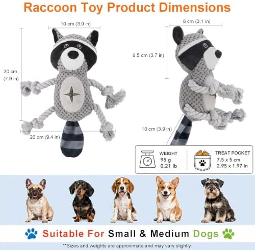 Dog Squeaky Chew Toy, Plush Crinkle Rope Dog Toy - Gray Raccoon