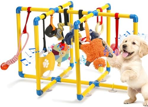 Upgraded Puppy Play Gym with 9 Hanging Toys, Reinforced Frame & Strong Suction Cups–Removable Dog Enrichment Playground, Indoor Jungle Gym & Activity Center for Small Dogs with Squeaky& Teething Toys