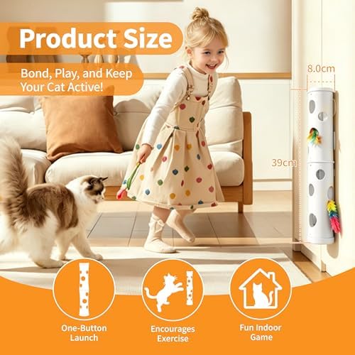 Kzoom Interactive Cat Feather Toy, Cat Toy Automatic Fluffy Tail Teaser with Motion Activated, USB Rechargeable, Suction Cup for Stable Play, Perfect for Indoor Cats