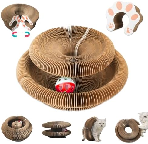 Kitty Curls Cat Toy, Magic Organ Cat Interactive Scratcher Cardboard with Bell Ball, Foldable & Changeable Accordion Shape Exercise Anxiety Relief Toy for Indoor Cats (1PCS)