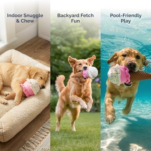 petlou Durable Plush Dogs Squeak Toys. 10-Inch Ice Cream