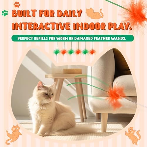 Abbylike 6 Pack Replacement Feather Wands Compatible with P43 Interactive Cat Toy, Automatic Teaser Wand Refills Attachments for Indoor Cats (Orange, Green)