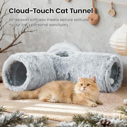 Tempcore Plush Cat Tunnel, 3-Way Collapsible Toy for Indoor Cats, Grey