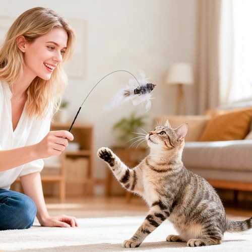 5 Pcs Interactive Cat Feather Toys, Interactive Cat Toys for Indoor Cats, Bird Simulation Cats Feathers Fishing Pole Toy Kit with Suction Base & Replacement Birds for Outdoor Indoor Kitten Playing