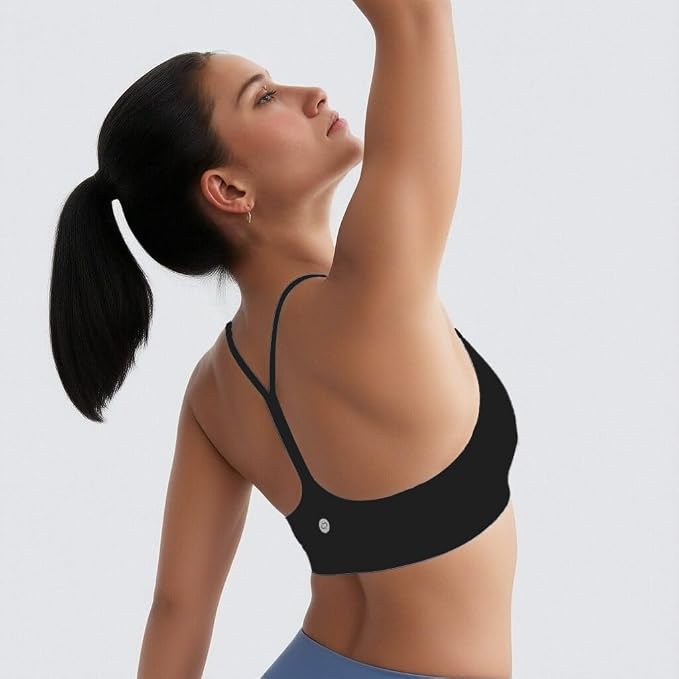 Racerback Y-Back Sports Bra for Women - Padded Low Impact Workout Top with Thin Spaghetti Straps for Yoga, Pilates, Gym