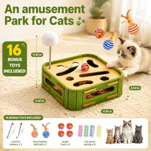 5-in-1 Cat Puzzle Box Toy for Indoor Cats Boredom Relief Interactive Wooden Cat Enrichment Maze with Balls, Feather Wands & Spiral Springs, Slow Feeder Treat Dispenser for Kittens & Adult Cats