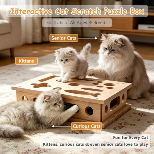 Large Cat Scratcher Puzzle Enrichment Box, Wood Nail File Puzzle Toy Box