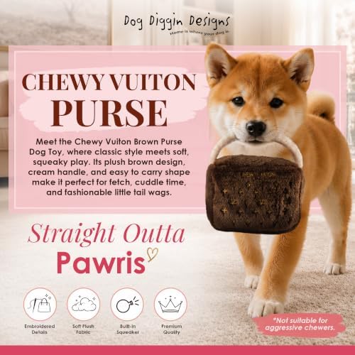 Dog Diggin Designs Chewy Vuiton Plush Dog Toy Purse | Luxury-Inspired Parody Designer Handbag with Squeaker, Soft Plush Fashion Dog Toy – Haute Couture Purses & Handbags