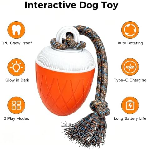 Interactive Dog Ball Toy for Medium & Large Dogs, Automatic Moving Dog Toy with Bird Sounds and Rope, USB Rechargeable Smart Ball with Fast & Slow Modes, 500mAh Dog Enrichment Toy