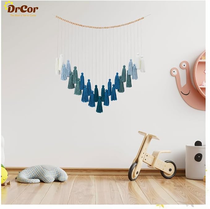 DrCor Ombre Green Boho Macrame Garland Wall Hanging Decor | Handmade yarn banner for classroom, reading corner, dorm and farmhouse styling. Pre-assembled, reusable, eco-friendly.