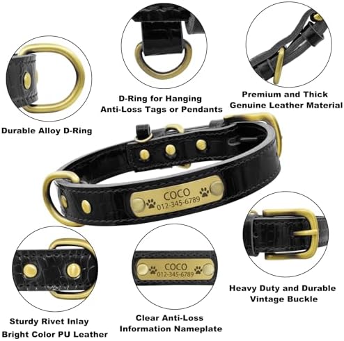 Personalized Genuine Leather Dog Collar with Engraved Name Plate - Durable and Stylish Custom Dog Collar for Small, Medium, and Large Dogs (S,Black)
