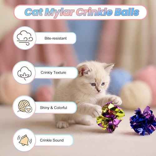 9 Pack Cat Toy Balls for Indoor Cats, Pom Pom Fuzzy Balls with Bells, Wool Yarn Toy with String, Mylar Crinkle Balls Interactive Kitten Toys for Indoor Cats Chase and Play Keep Busy Stress Relief