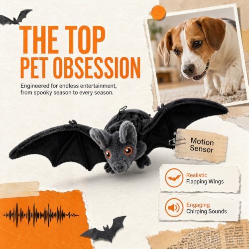 Interactive Flying Bat Dog Toy, Flapping Wings Cute Bat for Indoor Cats & Dogs, Automatic Flapping Wings with Chirping Sounds, Touch Activated, Rechargeable for Solo Play，Manual Switch