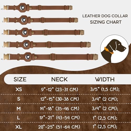 AirTag Dog Collar - Genuine Leather Dog Collar with Apple AirTag Holder and Metal Buckle - Smart GPS Tracking Pet Collars (Tawny, S, 12"-15" Neck Fit)