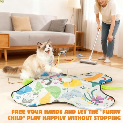Interactive Cat Toys Rechargeable for 4 in 1 Hide and Seek Game, Moving Concealed Wand Feathers, Real Mouse Squeaky, Durable Exercise Toys for Indoor Cats for Bored Adult Cats Wand Toy