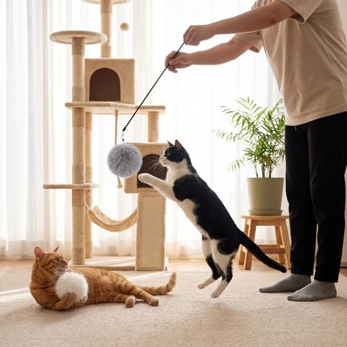 18 Pack Natural Rabbit Fur Cat Toy Refills, Mouse Tail Fur Ball Shaped Cat Toys, Interactive Cats Wand Toy Replacement Head with Secure Connector (Pom Pom)