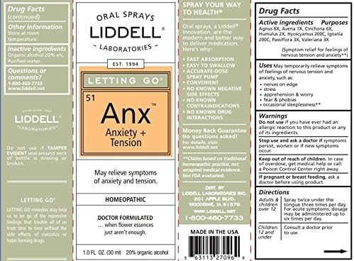 Liddell Letting Go - Homeopathic Remedies - Oral Spray for Symptoms of Anxiousness, Stress and Restlessness - Natural Calm Spray - 1.0 fl. Oz.