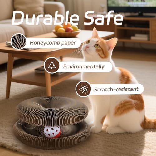 2pcs Kitty Curls Cat Toys,Magic Organ Cat Scratching Board for Indoor Cats, Foldable Accordion Honeycomb Scratcher with Ball, Interactive Twisty Paws (2PCS)
