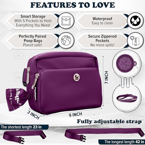 Puppington 3-in-1 Crossbody & Dog Treat Pouch for Pet Training - Matching Compostable Poop Bags, Built-In Poop Bag Dispenser & Slow-Feeding Travel Dog Bowl - Dog Walking Bag (Plum Wine)
