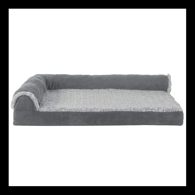 Furhaven Memory Foam Dog Bed for Large Dogs w/ Removable Bolsters & Washable Cover, For Dogs Up to 95 lbs - Two-Tone Plush Faux Fur & Suede L Shaped Chaise - Stone Gray, Jumbo/XL