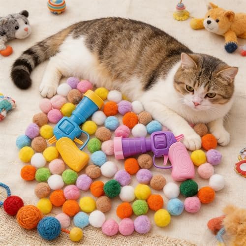 2Pcs Cat Ball Launchers with 100Pcs Pom Pom Balls Cat Interactive Soft Ball Toy Interactive Pet Toys Launcher for Cats Indoor Play