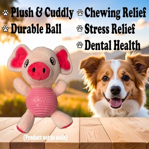 Pink Pig Plush Chew Toy for Dogs, Soft Plush Dog Toy with Durable Ball for Small, Medium, Large Dogs.
