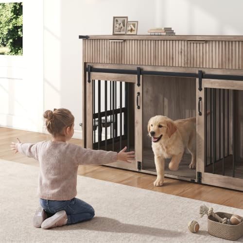 Large Dog Crate Furniture for 2 Dogs, Wood, White TV Stand with 4 Doors and 4 Storage Drawers, Removable Divider, Indoor Kennel for Medium and Large Dogs (71inch Grey Oak)