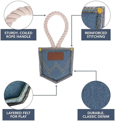 Wrangler Denim Pocket Rope Toy for Dogs, Light Wash Dog Rope Toy