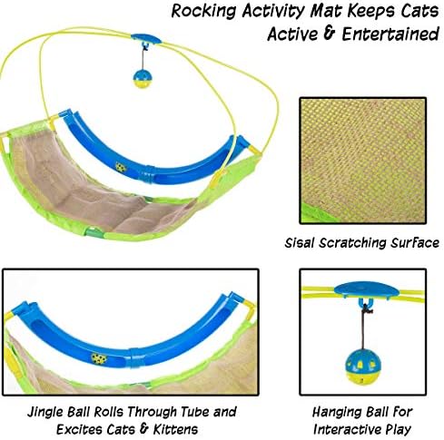 PETMAKER Interactive Cat Toy Rocking Activity Mat- Swing Playing Station with Sisal Scratching Area, Hanging Toy, Rolling Ball for Cats and Kittens