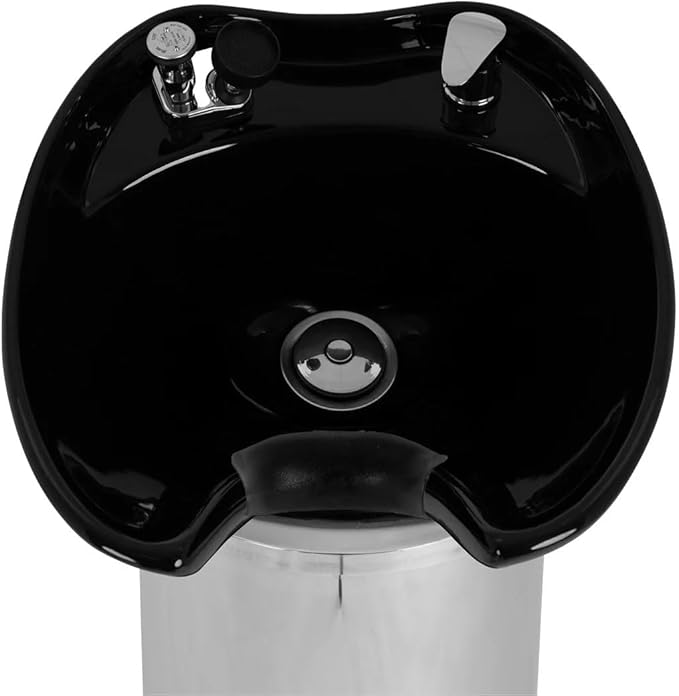 Buy-Rite Paris Pedestal Shampoo Unit – Professional Salon Shampoo Station with Tilting Porcelain Bowl, Silver Base with Black Bowl – Includes Faucet, Spray Hose, Drain & Vacuum Breaker