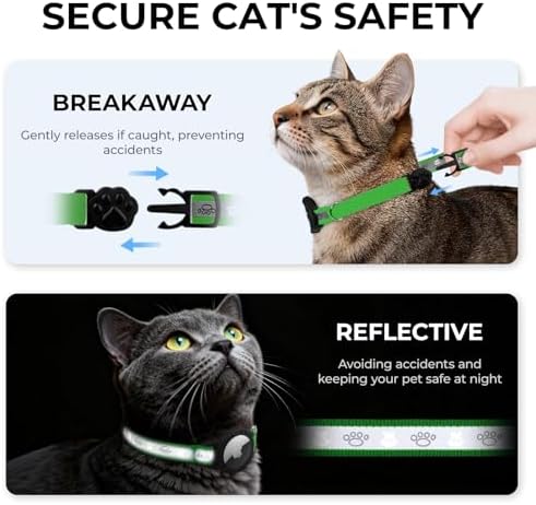 Breakaway AirTag Cat Collar, Reflective Cat Tracker Collar with Bell | Built in AirTag Holder, Adjustable 8.5-12in for Cats, Kittens and Puppies, Safety Elastic Band, Reflective for Night Walking