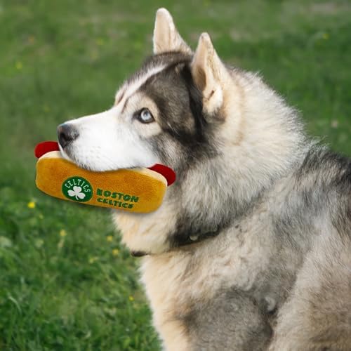 Pets First NBA Boston Celtics HOT Dog Plush Dog & CAT Squeak Toy - Cutest HOT-Dog Snack Plush Toy for Dogs & Cats with Inner Squeaker & Beautiful Basketball Team Name/Logo 8 x 5 x 3 Inches