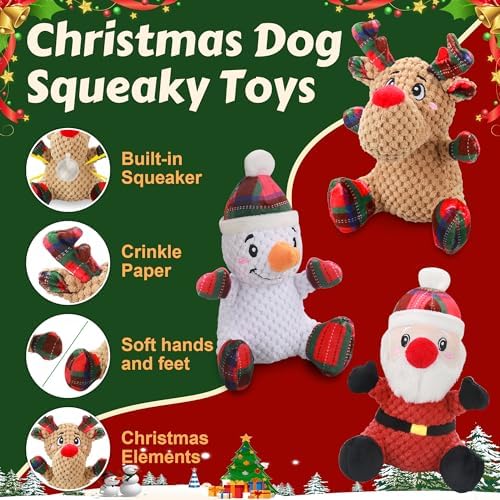 Newget 3Pcs Christmas Squeaky Dog Toys, Plush Dog Toys with Crinkle Paper