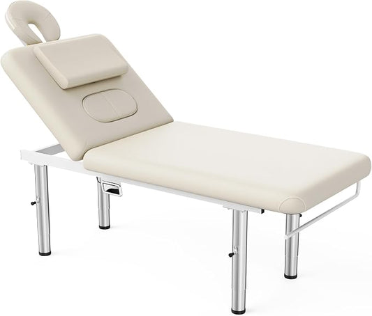 pouseayar Heavy Duty Stationary Massage Table with Adjustable Face Pillow and Stainless Steel Legs, Adjustable Backrest for Treatment, Physical Therapy, Spa Facial Professional Massage Bed - White