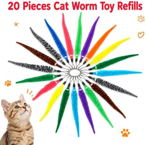 20Pcs Cat Worm Toy Refills, Interactive Cats Kittens Toys, Cat Wand Attachment Fuzzy Worm Toys for Indoor Cats