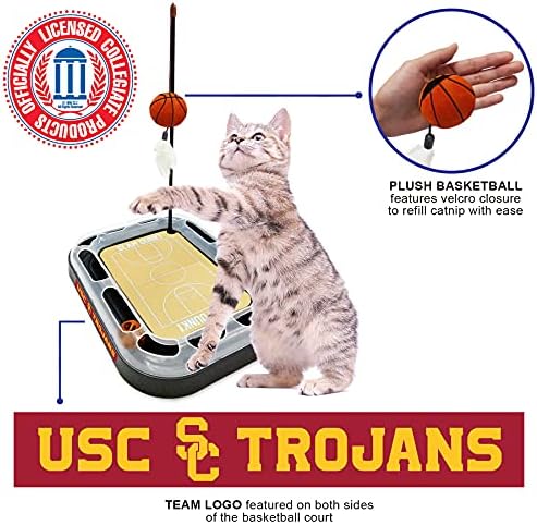 CATS SCRATCHER NCAA USC Trojans Basketball Court CAT Scratcher Toy with Catnip Filled Plush Basketball Toy & Feather Cat Toy Hanging, with Jingle Bell Interactive Ball Cat Chasing 5-in-1 Kitty Toy