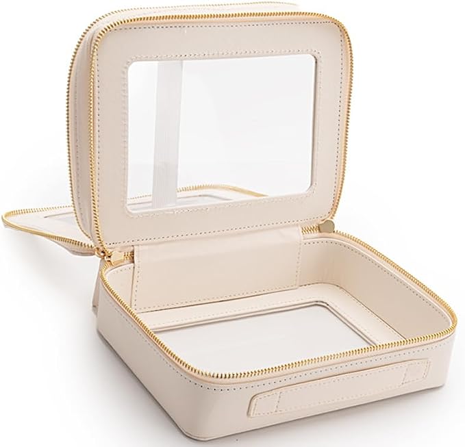 Aveniee Large Clear Makeup Bags, Double Layer Cosmetic Bags with Separate Brush Compartment, Travel Toiletry Bag Cosmetic Train Case, Travel Accessories Organizer for Women(2 Layers, White)