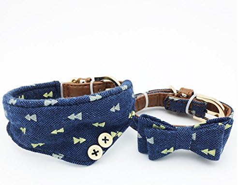 Small Dog Costume Collar - Leather Bowtie Kitten Bandana Collar for Halloween - Teacup Yorkie Chihuahua Clothes Outfits Accessories, Adjustable (Navy Note Bow + Bandana, 8.7 to 11-Inch)
