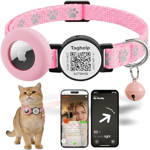 Airtag Cat Collar Breakaway with Bell & Reflective Design - Cute Paw Print Kitten Collar with Apple Airtag Holder & Safety Buckle - Perfect Pet Supplies, QR Code & Gifts for Girl & Boy Cats (Pink)