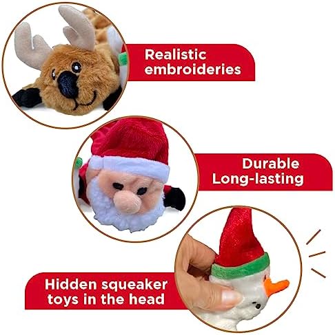 Trenton Gifts Stuffing Free Holiday Dog Toys - Set of 3. Santa, Snowman, Reindeer. Durable and Squeaky Pet Toys for Festive Playtime