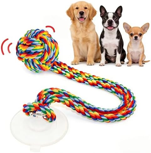 Interactive Dog Toy with Suction Cup, Rope Ball & Built-in Bell, Rainbow