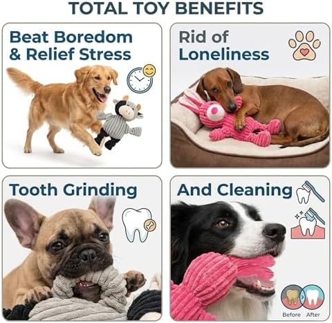 PetLike 2PK Squeaky Plush Dog Toys, Durable Chew Toys with Five BB Squeaker, Composite Stuffed Teething Toys for Aggressive Chewers, Interactive Fetch & Tug of War Toys for Small & Medium Dogs