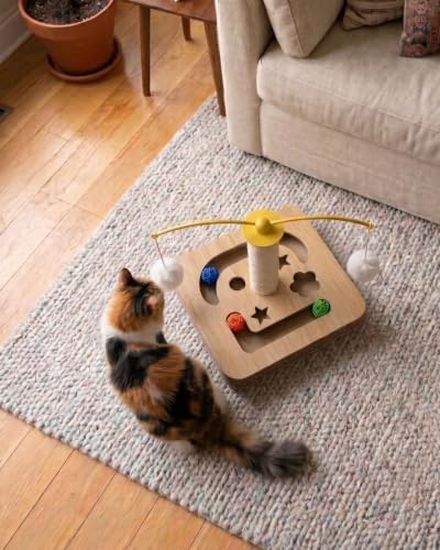 3-in-1 Interactive Cat Toy & Scratching Post - Durable Sisal Cat Scratcher with Corrugated Cardboard Base, Track Balls & Teaser Wands - Indoor Kitten Exercise Toys for Furniture Protection