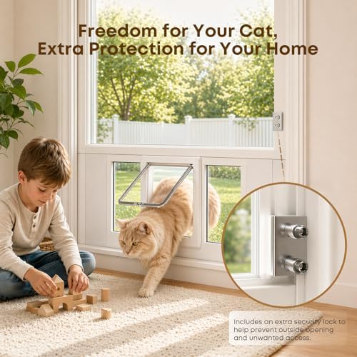 Cat Door for Window, Adjustable 31"-36", 4 Locking Modes + Extra Security Lock for Outside Safety, Window Pet Door with Magnetic Self-Closing, No-Drill Installation, Weatherproof Aluminum Frame Insert