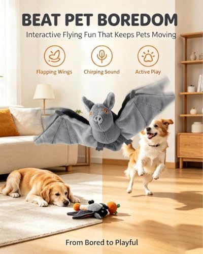Flying Bat Dog Toy, Interactive Flying Bat Toy for Dogs with Flapping Wings, Chirping Sounds, USB Rechargeable, Touch Activated, Hanging or Floor Toy for Dogs, Puppies and Cats to Reduce Boredom，1PCS