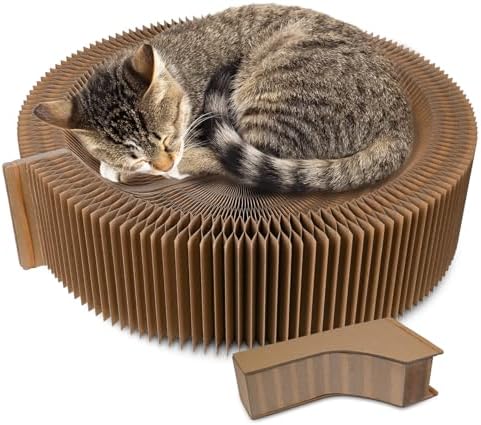 Cat Bed Scratcher Lounge - Cardboard Collapsible Pet Scratching Pad, Round Cat Scratch Nest for Indoor Big Large Kitty Kitten