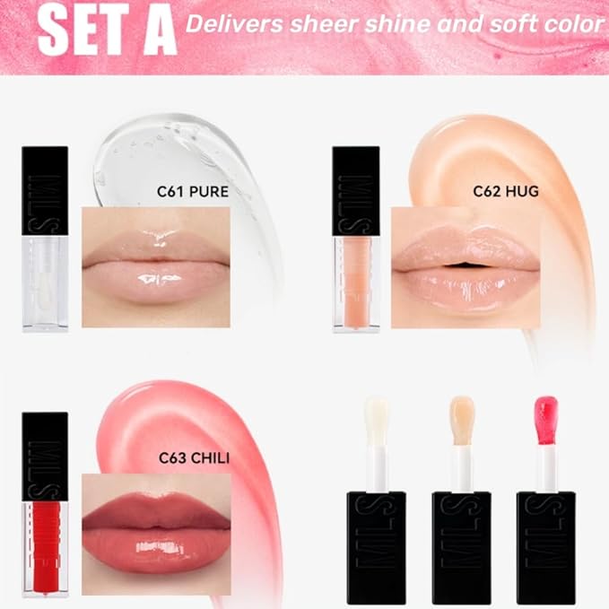 Lip Oil Set – Hydrating Lip Gloss, Non-Sticky Clear Lip Oil for Shiny & Moisturized Lips | Glossy, Tinted Lip Care, Plumping Lip Oils | Gift for Women & Girls 3pcs (Set A)