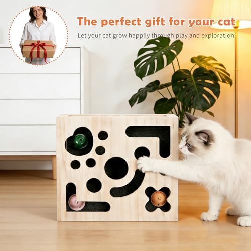 Cat Nail File Enrichment Box, Wood Puzzle Scratcher Toy with Sandpaper